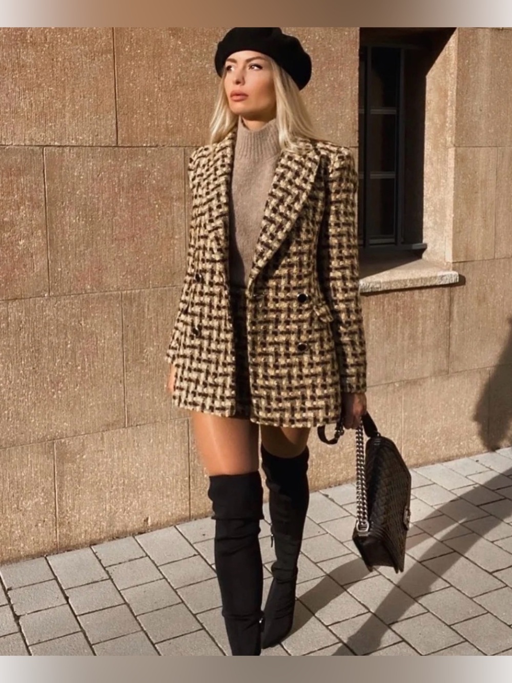 ZARA Textured Tweed Wool Blend Double Breasted Blazer Jacket Small Gold Brown - Picture 3 of 13
